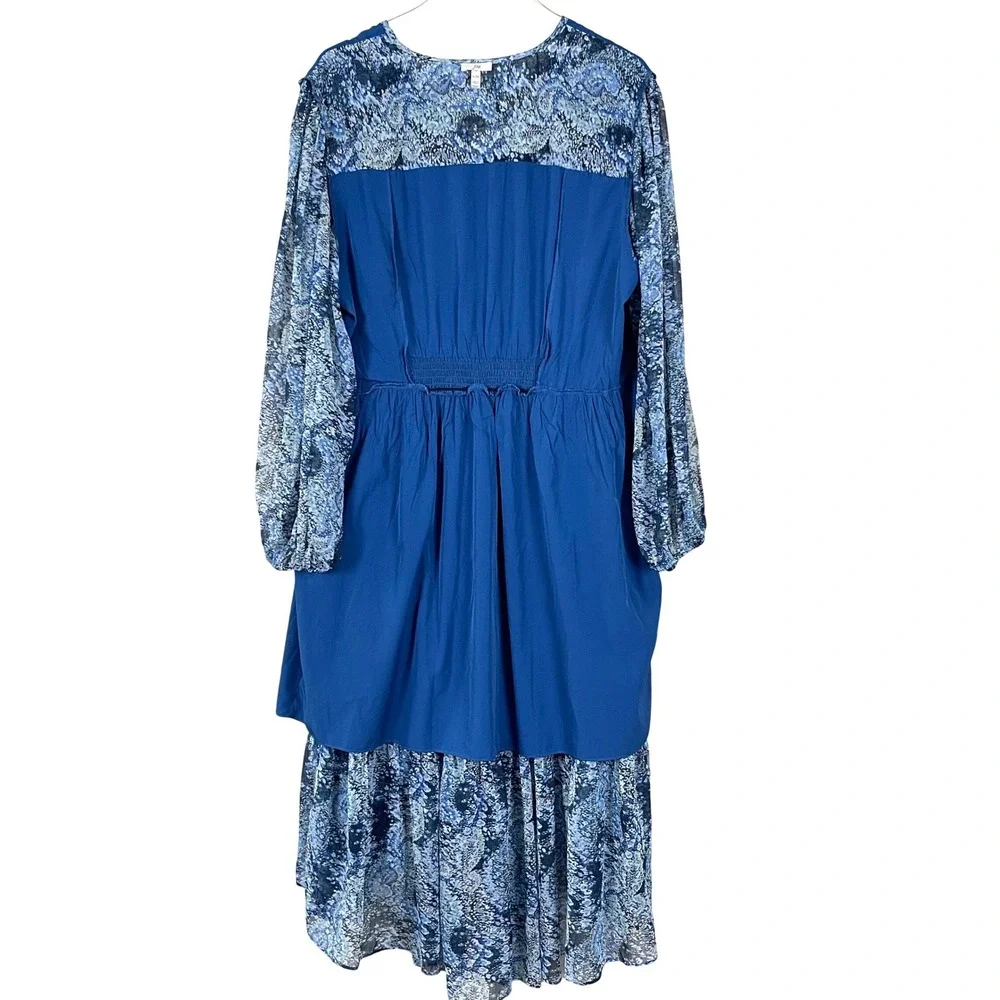 Joie Blue Women Midi XL Abstract Print Tiered Long Sleeve V-Neck High Low Dress